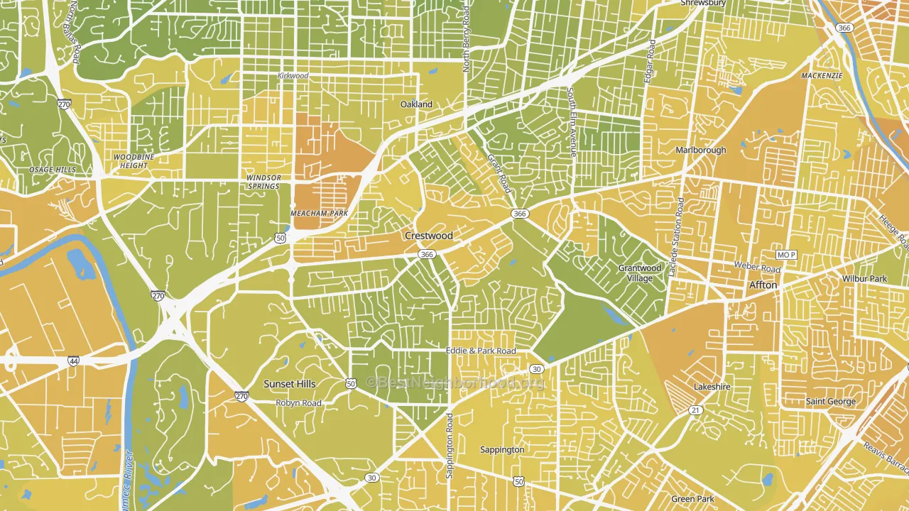 Map of the best neighborhoods in the Crestwood area, with better matches in green and worse matches in red