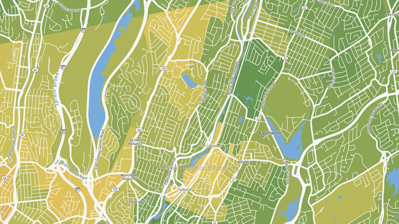 Map of the best neighborhoods in the Crestwood, Tuckahoe area, with better matches in green and worse matches in red