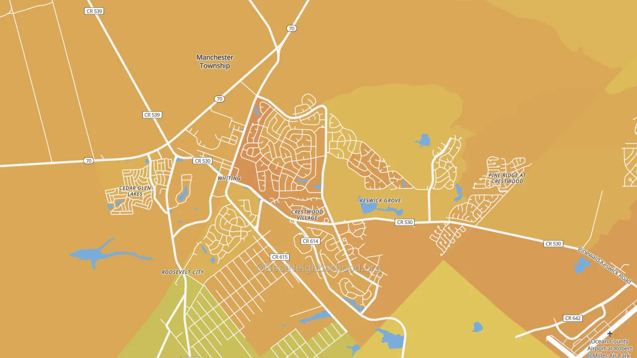 Map of the best neighborhoods in the Crestwood Village area, with better matches in green and worse matches in red