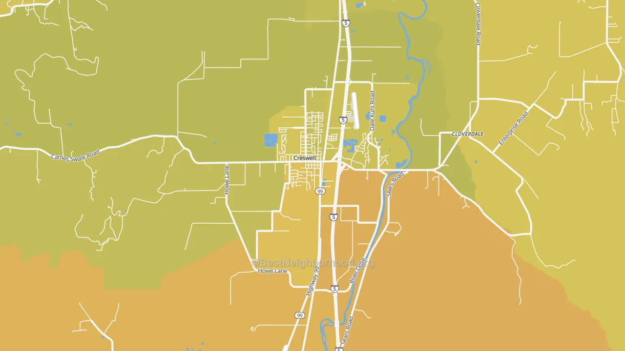 Map of the best neighborhoods in the Creswell area, with better matches in green and worse matches in red