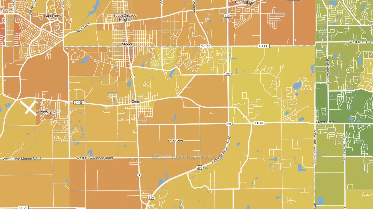 Map of the best neighborhoods in the Crete area, with better matches in green and worse matches in red
