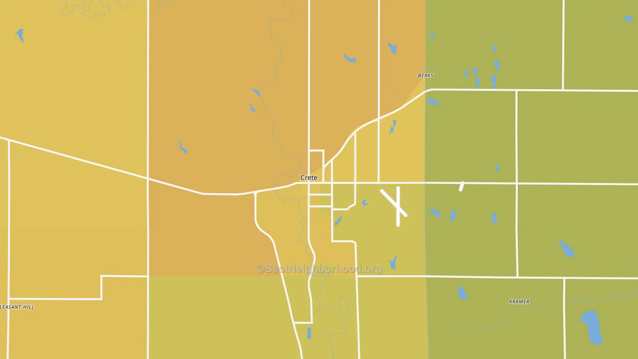 Map of the best neighborhoods in the Crete area, with better matches in green and worse matches in red