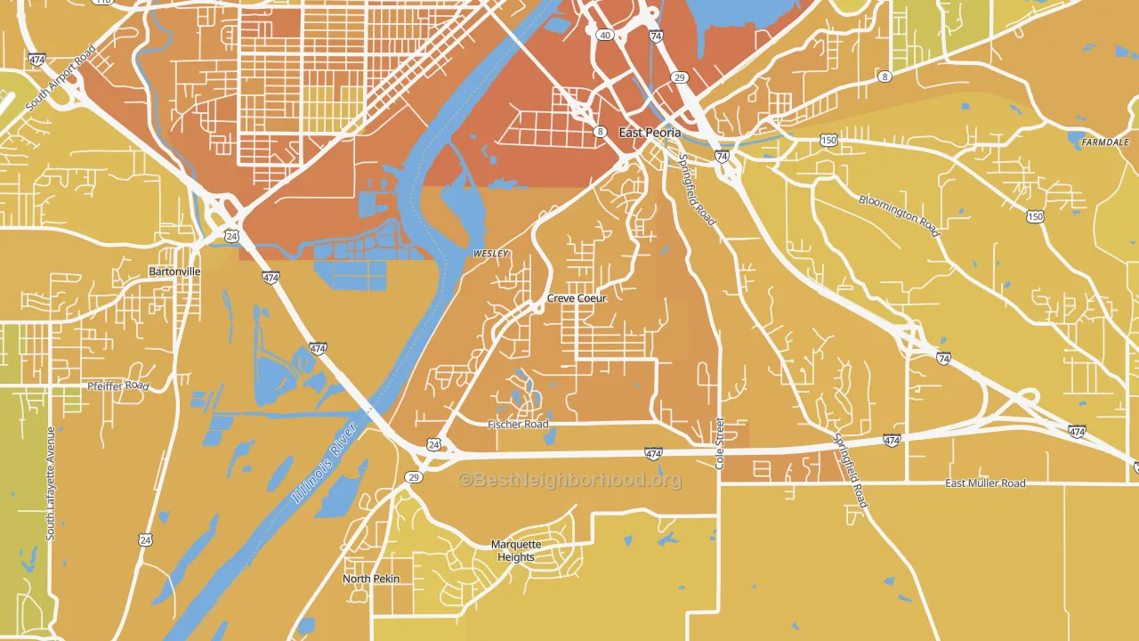 Map of the best neighborhoods in the Creve Coeur area, with better matches in green and worse matches in red