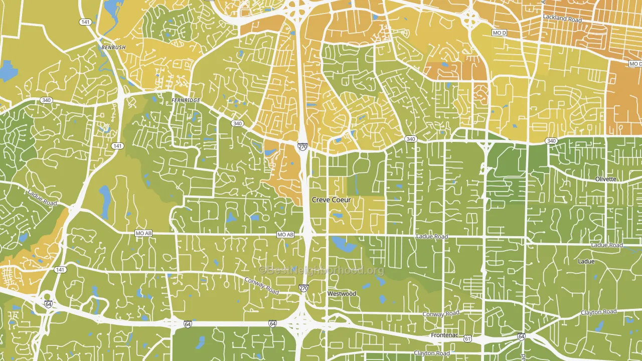 Map of the best neighborhoods in the Creve Coeur area, with better matches in green and worse matches in red