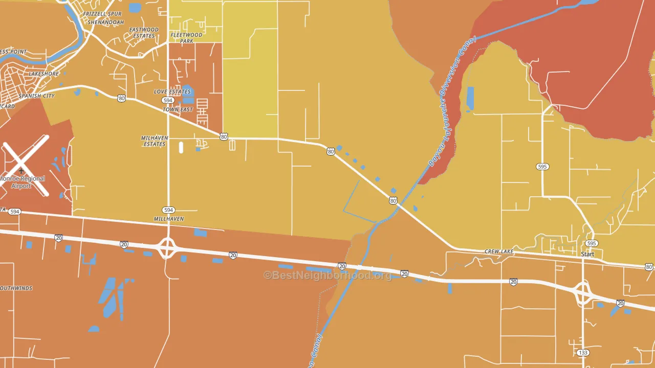 Map of the best neighborhoods in the Crew Lake area, with better matches in green and worse matches in red
