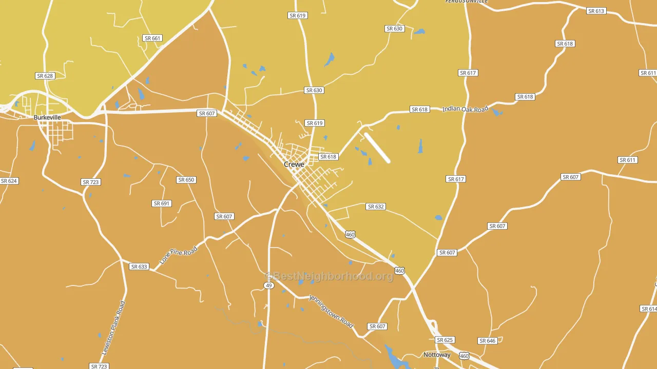 Map of the best neighborhoods in the Crewe area, with better matches in green and worse matches in red