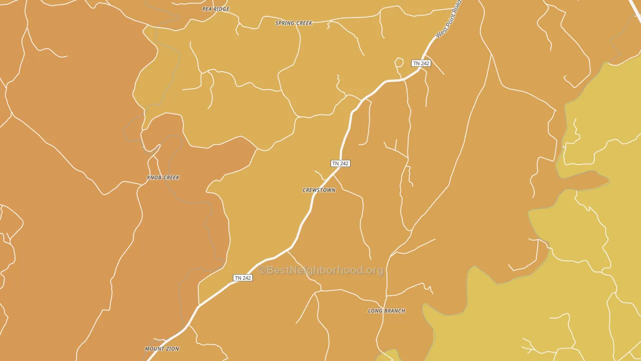 Map of the best neighborhoods in the Crewstown area, with better matches in green and worse matches in red