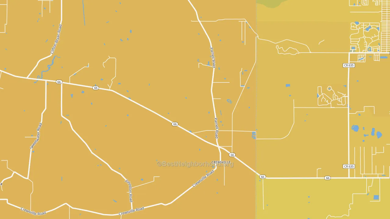 Map of the best neighborhoods in the Crewsville area, with better matches in green and worse matches in red