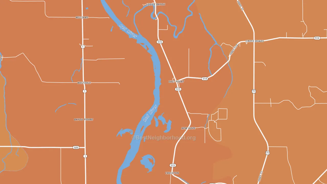 Map of the best neighborhoods in the Crichton area, with better matches in green and worse matches in red