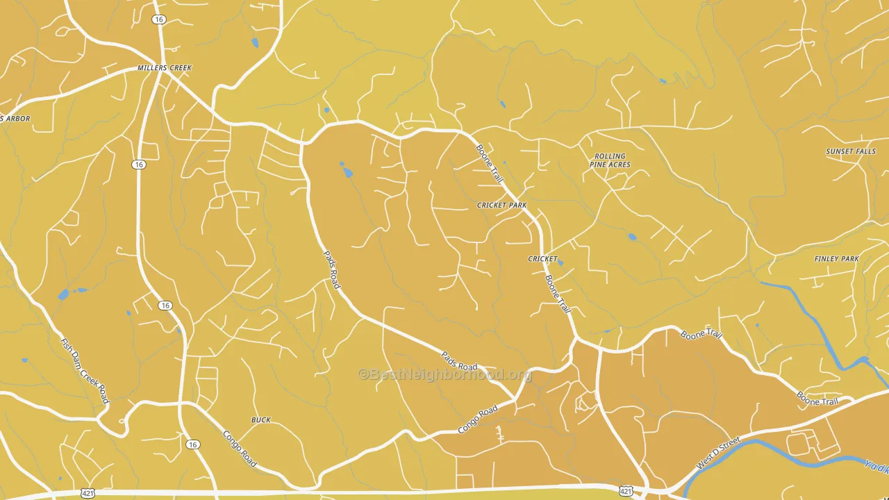 Map of the best neighborhoods in the Cricket area, with better matches in green and worse matches in red
