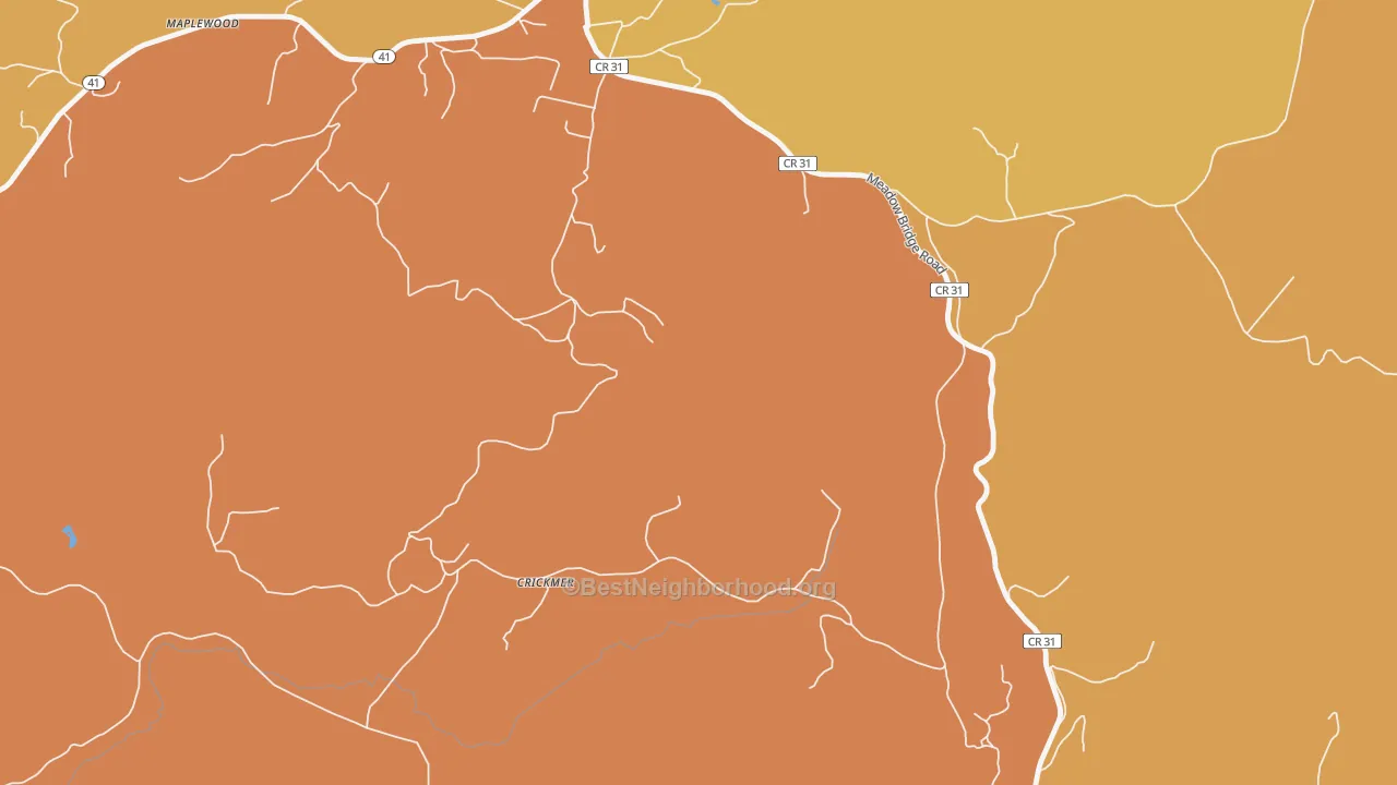 Map of the best neighborhoods in the Crickmer area, with better matches in green and worse matches in red