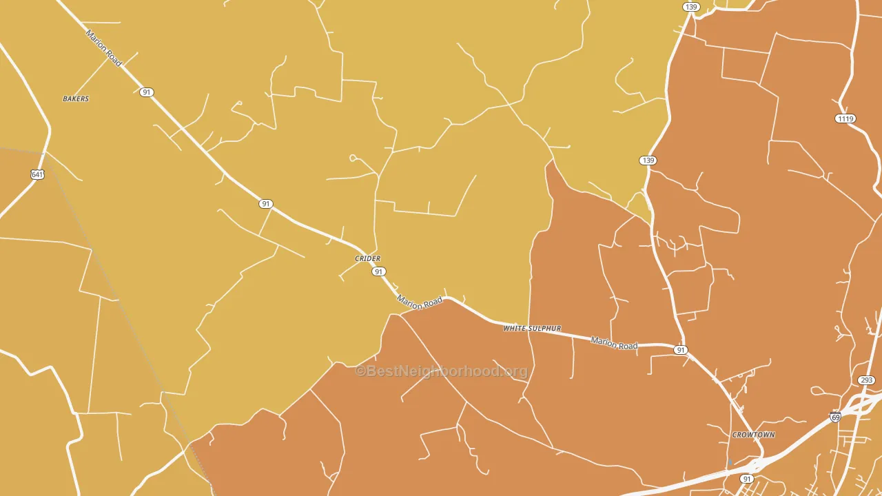 Map of the best neighborhoods in the Crider area, with better matches in green and worse matches in red