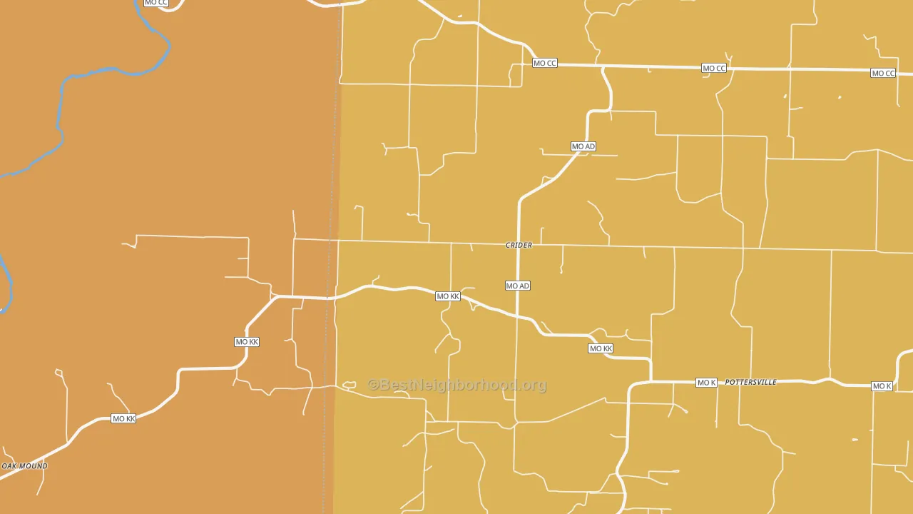 Map of the best neighborhoods in the Crider area, with better matches in green and worse matches in red