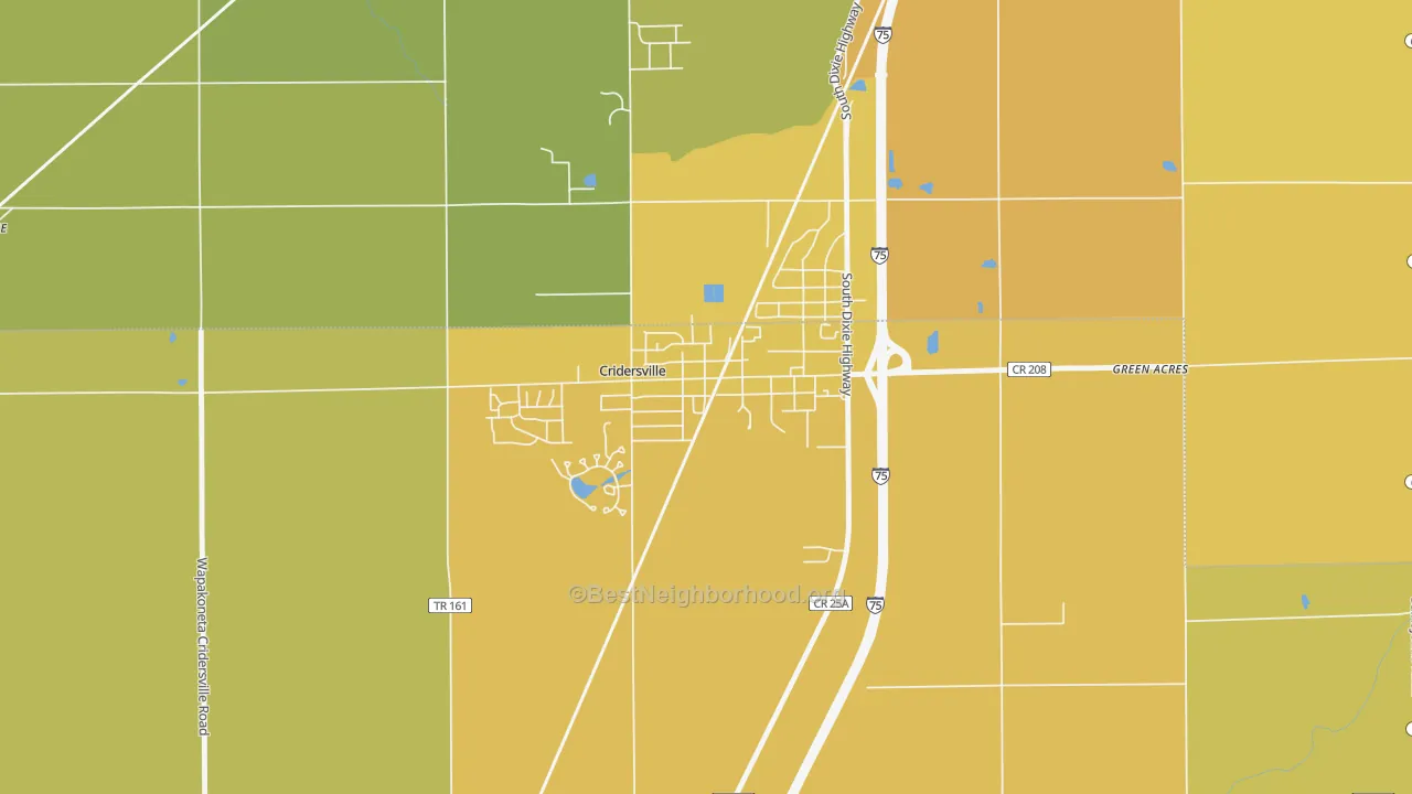 Map of the best neighborhoods in the Cridersville area, with better matches in green and worse matches in red