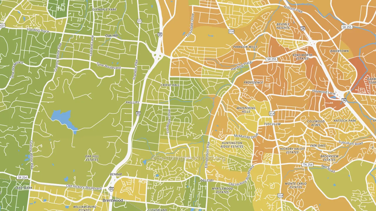 Map of the best neighborhoods in the Crieve Hall, Nashville area, with better matches in green and worse matches in red