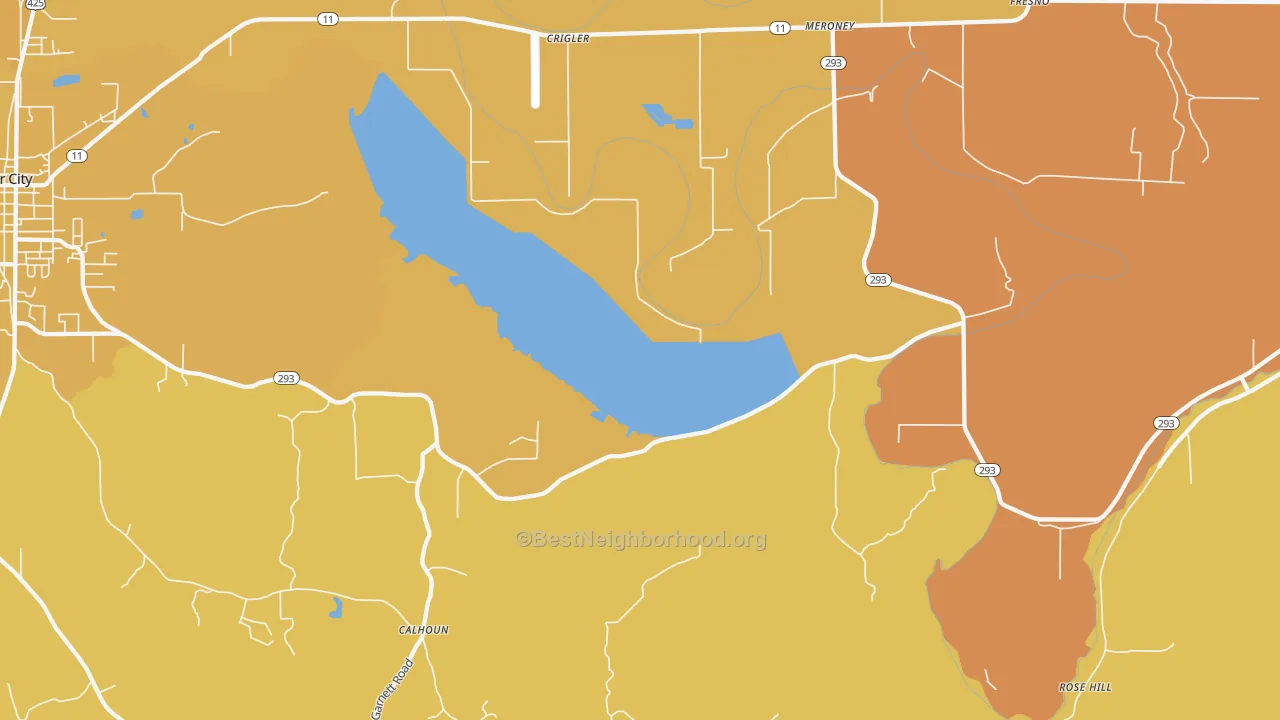 Map of the best neighborhoods in the Crigler area, with better matches in green and worse matches in red