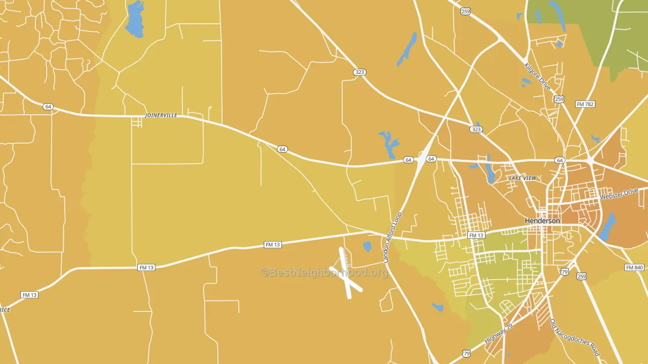 Map of the best neighborhoods in the Crimcrest area, with better matches in green and worse matches in red