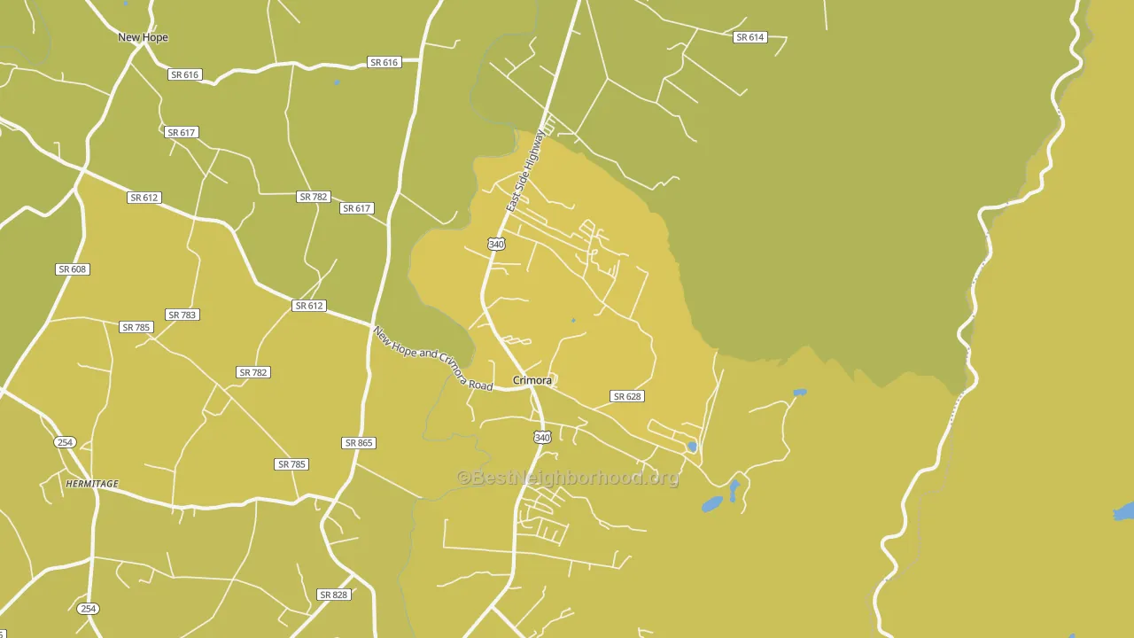 Map of the best neighborhoods in the Crimora area, with better matches in green and worse matches in red