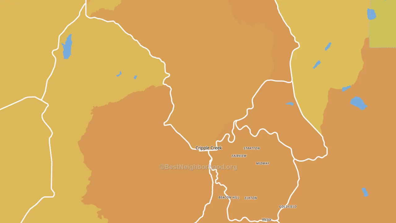 Map of the best neighborhoods in the Cripple Creek area, with better matches in green and worse matches in red
