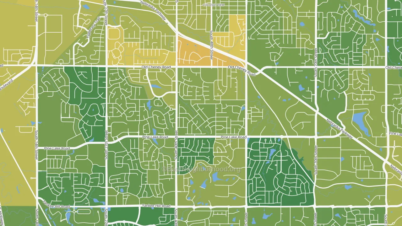 Map of the best neighborhoods in the Cripple Creek, Lincoln area, with better matches in green and worse matches in red