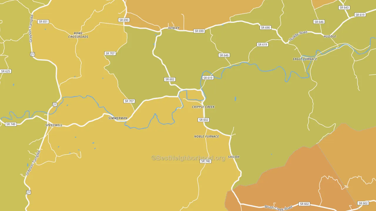 Map of the best neighborhoods in the Cripple Creek area, with better matches in green and worse matches in red