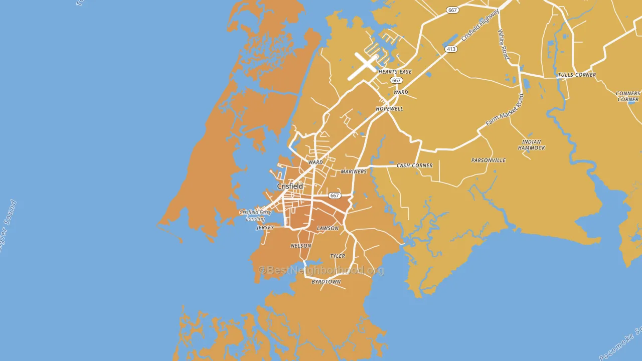 Map of the best neighborhoods in the Crisfield area, with better matches in green and worse matches in red