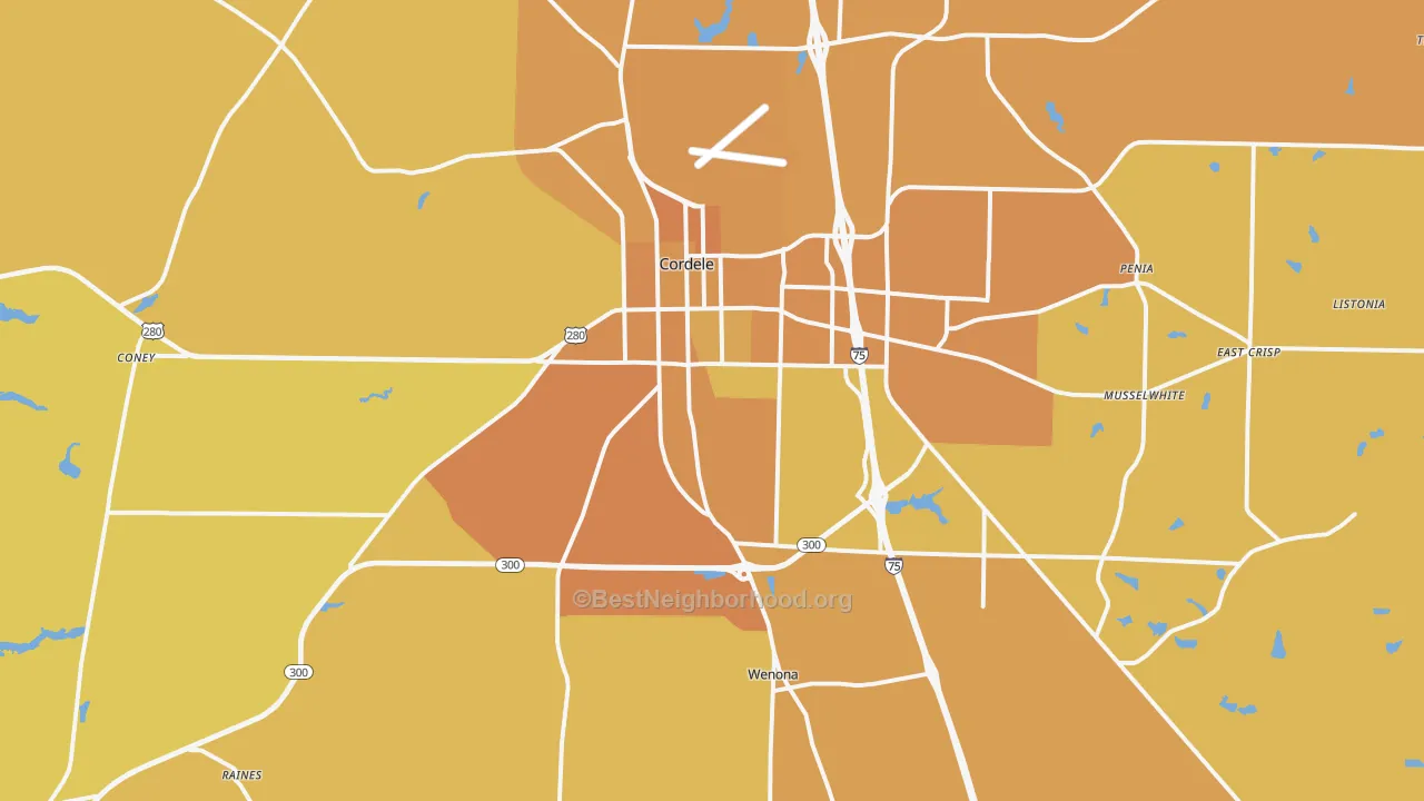 Map of the best neighborhoods in the Crisp County area, with better matches in green and worse matches in red