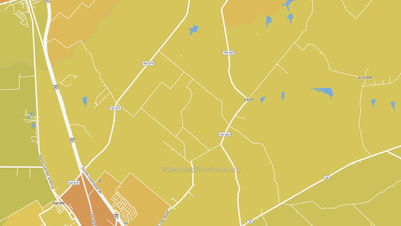 Map of the best neighborhoods in the Crisp area, with better matches in green and worse matches in red