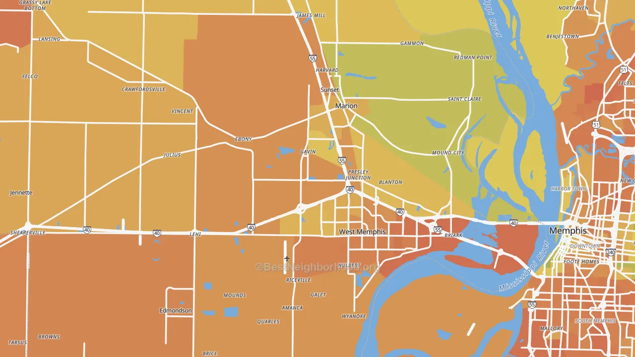 Map of the best neighborhoods in the Crittenden County area, with better matches in green and worse matches in red