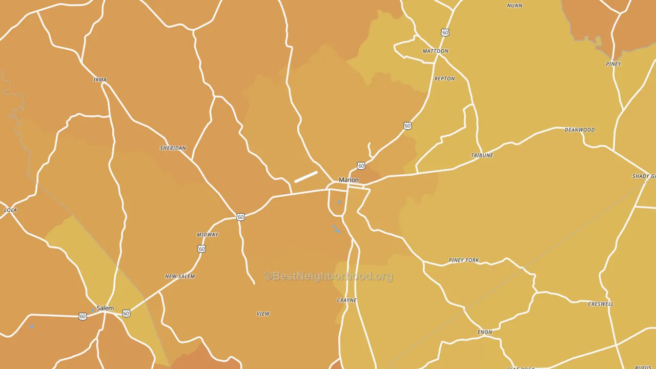 Map of the best neighborhoods in the Crittenden County area, with better matches in green and worse matches in red