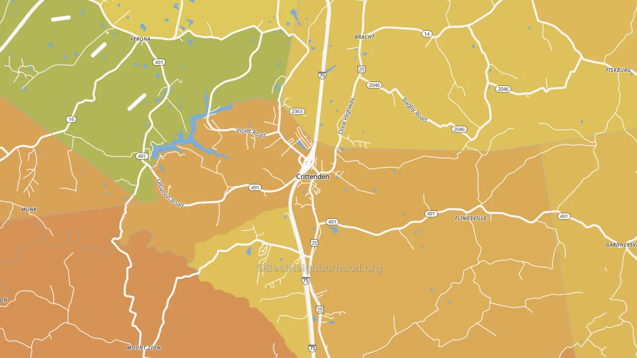 Map of the best neighborhoods in the Crittenden area, with better matches in green and worse matches in red