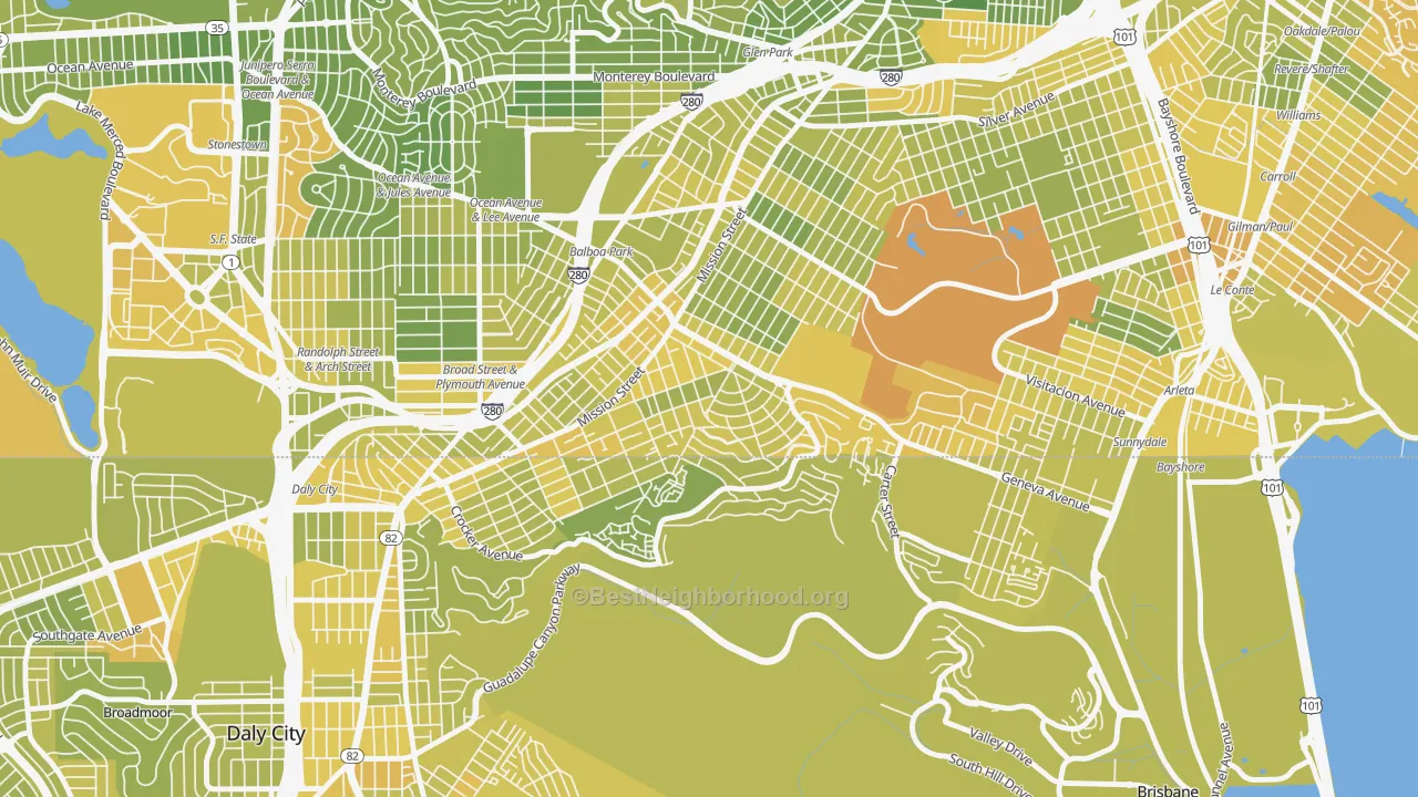 Map of the best neighborhoods in the Crocker Amazon, San Francisco area, with better matches in green and worse matches in red