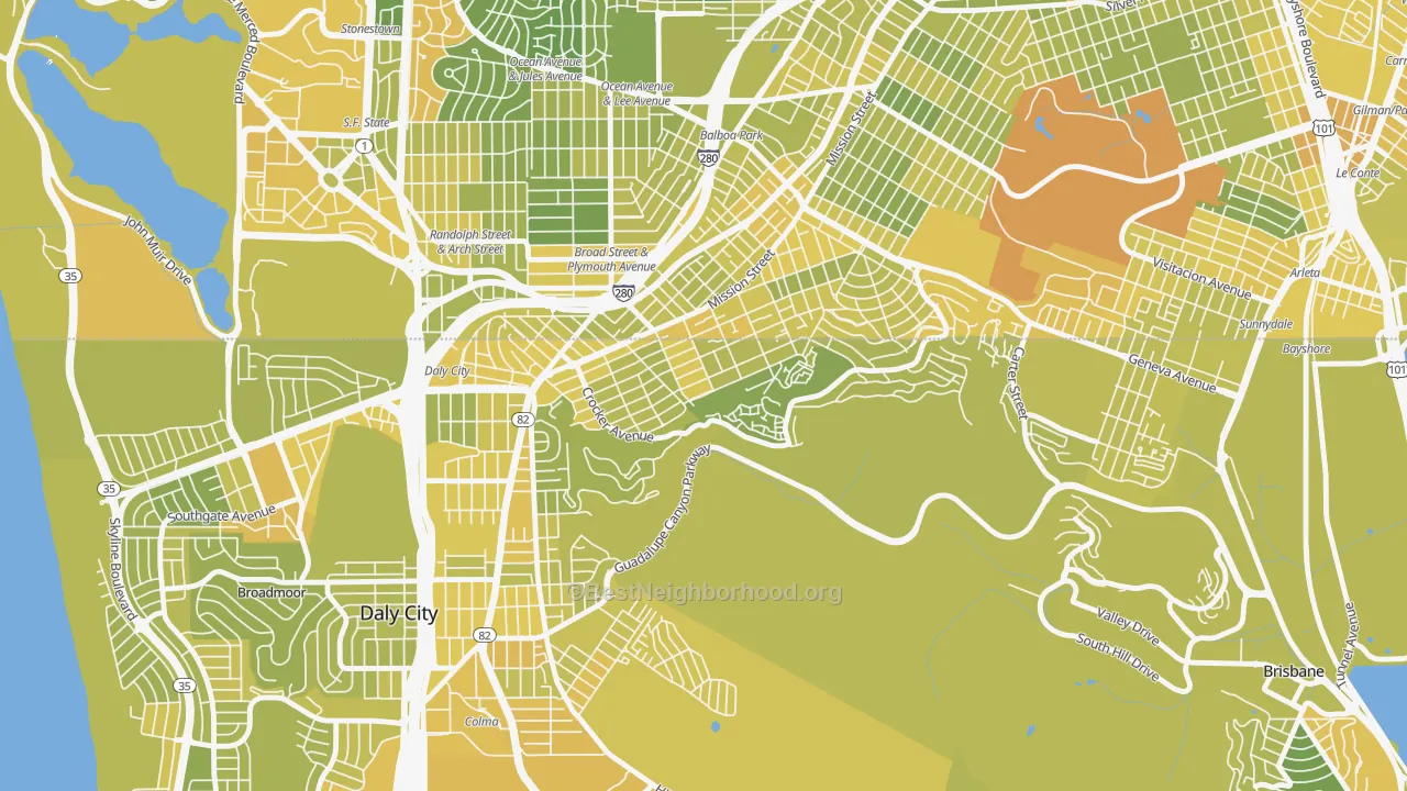 Map of the best neighborhoods in the Crocker, Daly City area, with better matches in green and worse matches in red