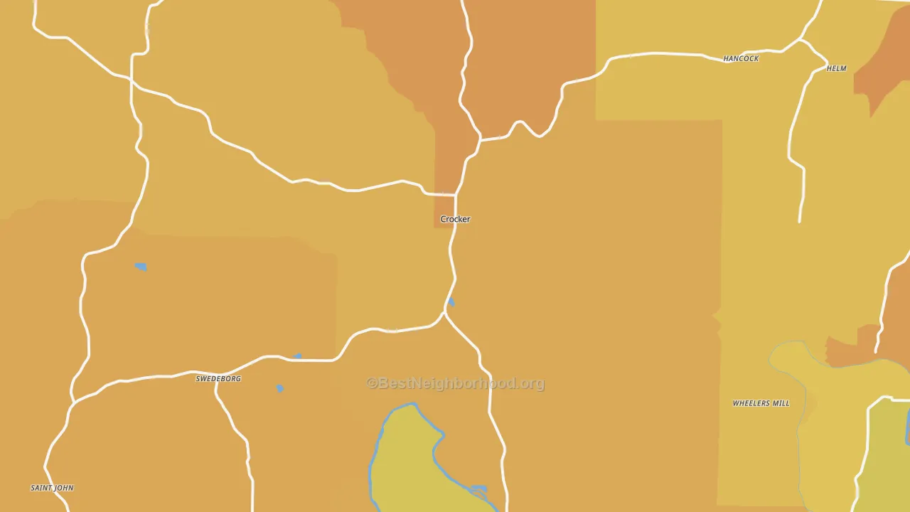 Map of the best neighborhoods in the Crocker area, with better matches in green and worse matches in red