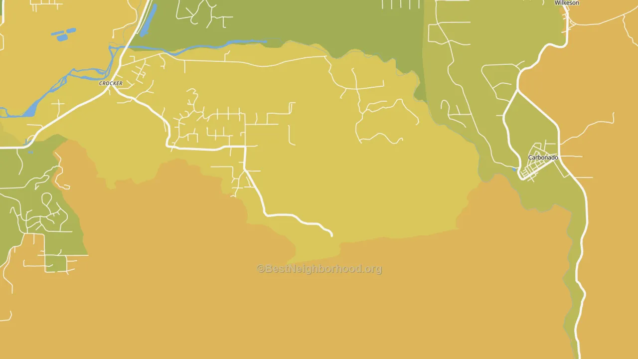 Map of the best neighborhoods in the Crocker area, with better matches in green and worse matches in red