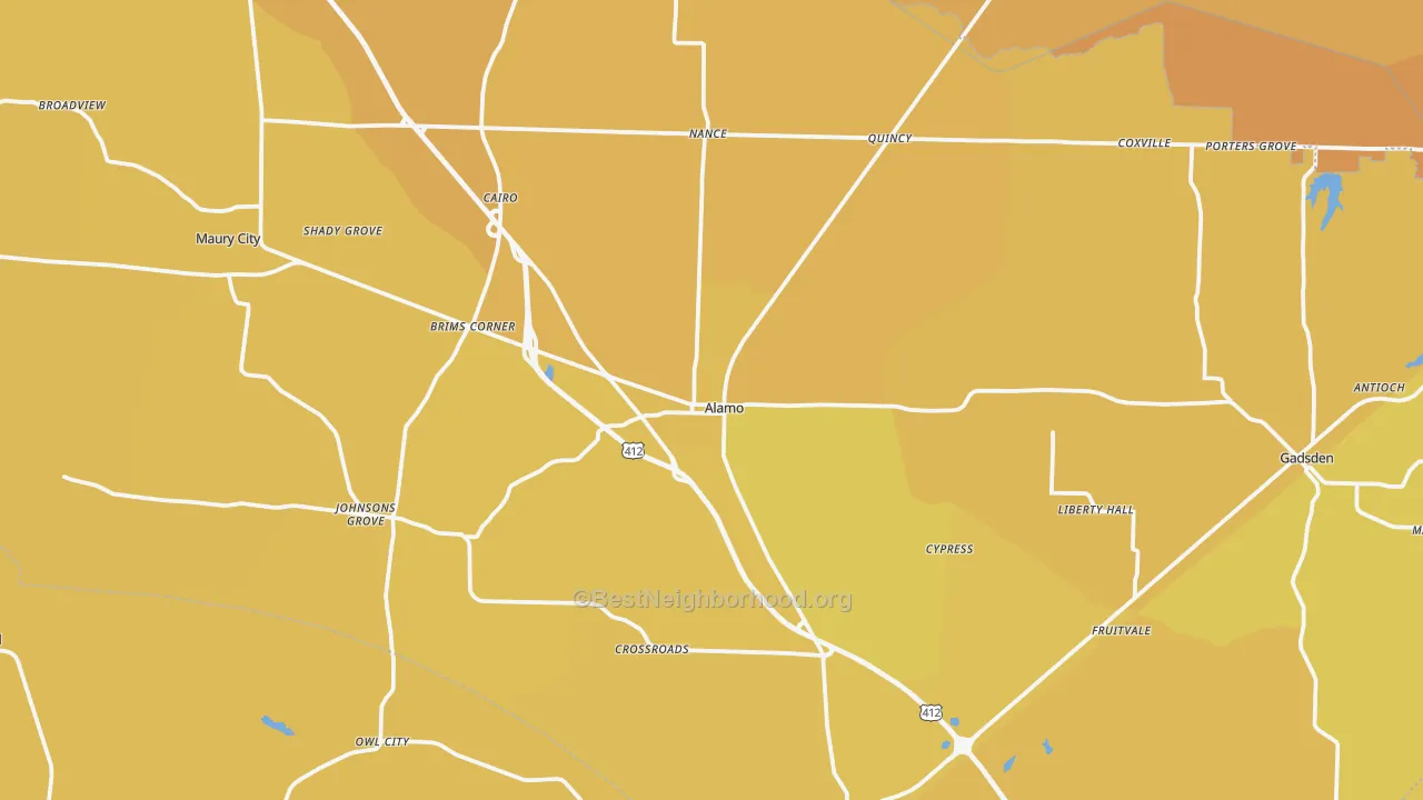Map of the best neighborhoods in the Crockett County area, with better matches in green and worse matches in red
