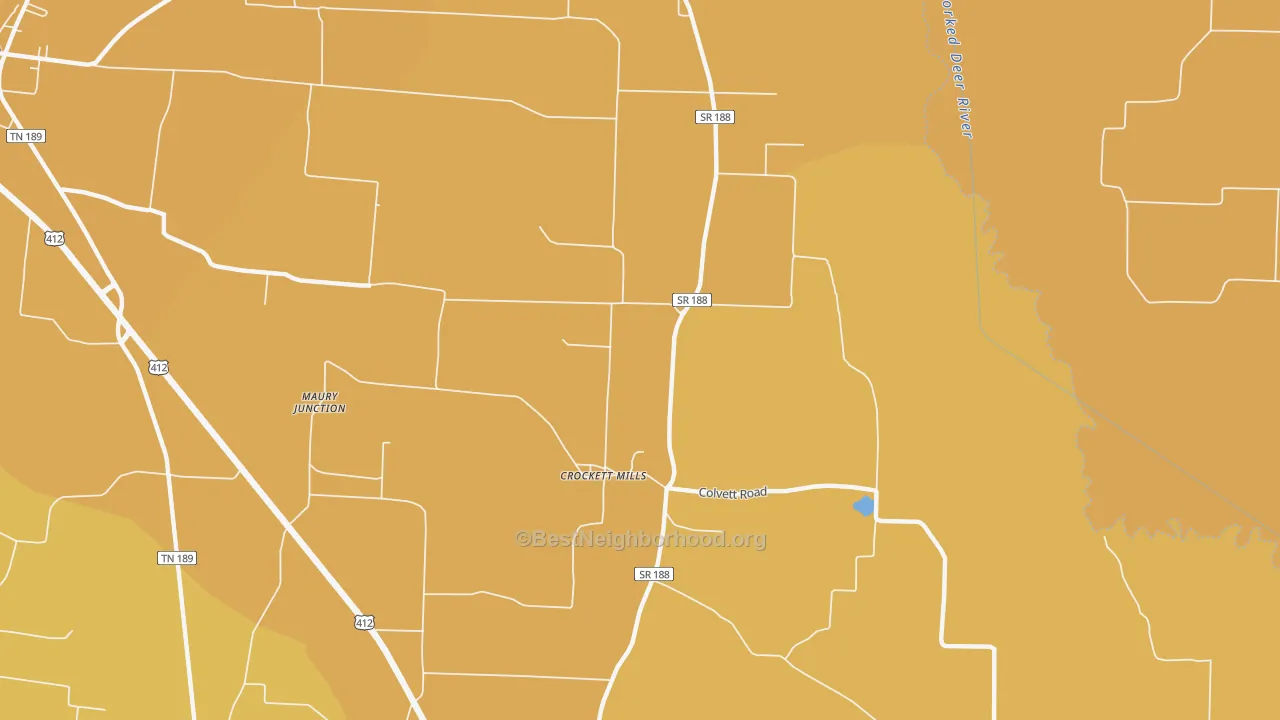 Map of the best neighborhoods in the Crockett Mills area, with better matches in green and worse matches in red