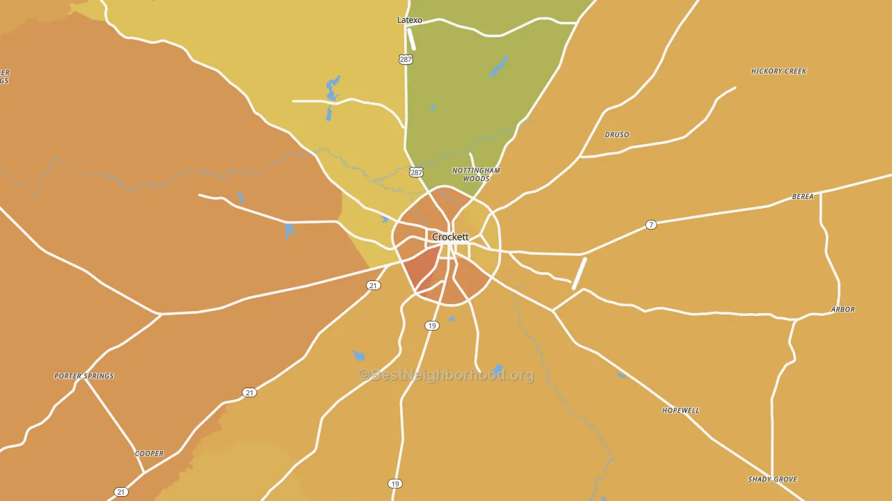 Map of the best neighborhoods in the Crockett area, with better matches in green and worse matches in red