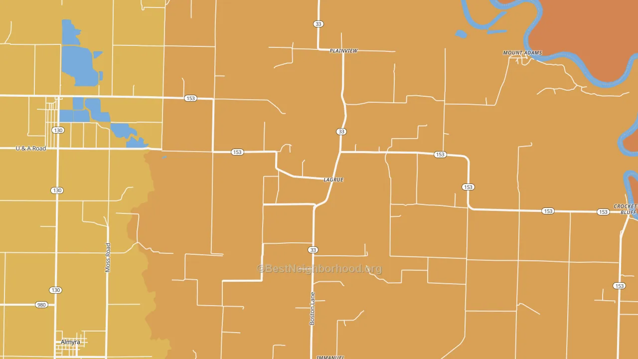 Map of the best neighborhoods in the Crocketts Bluff area, with better matches in green and worse matches in red