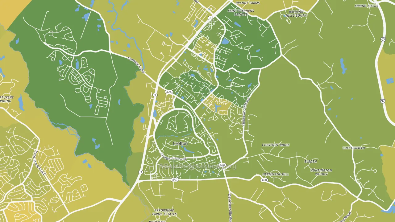 Map of the best neighborhoods in the Crofton area, with better matches in green and worse matches in red