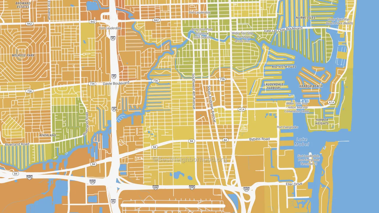 Map of the best neighborhoods in the Croissant Park, Fort Lauderdale area, with better matches in green and worse matches in red