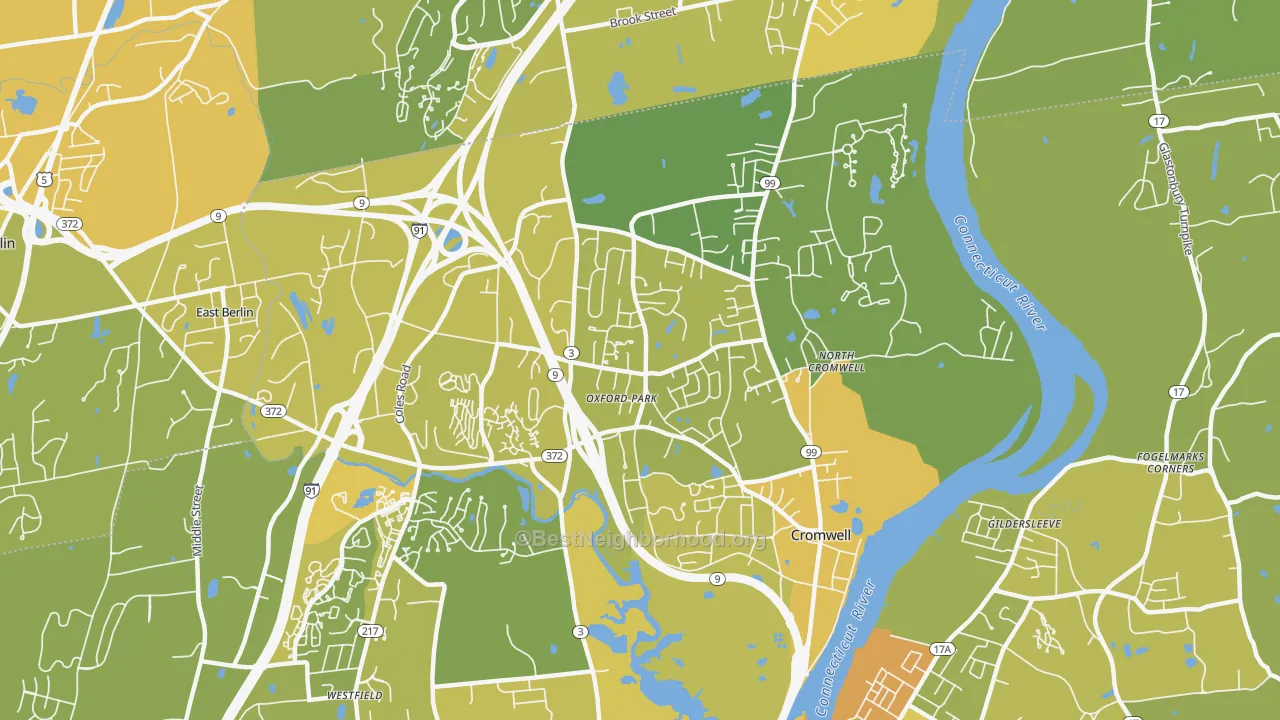 Map of the best neighborhoods in the Cromwell area, with better matches in green and worse matches in red