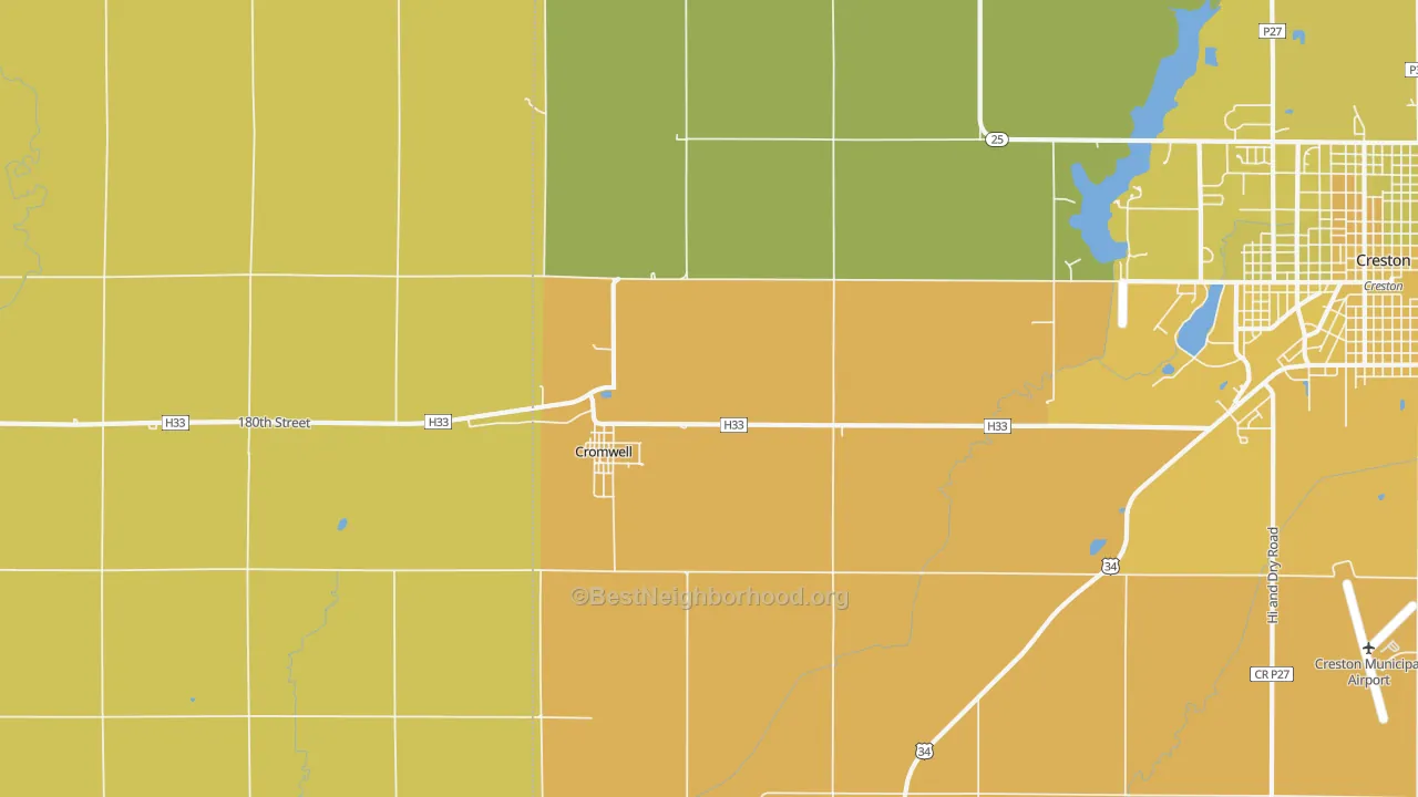 Map of the best neighborhoods in the Cromwell area, with better matches in green and worse matches in red