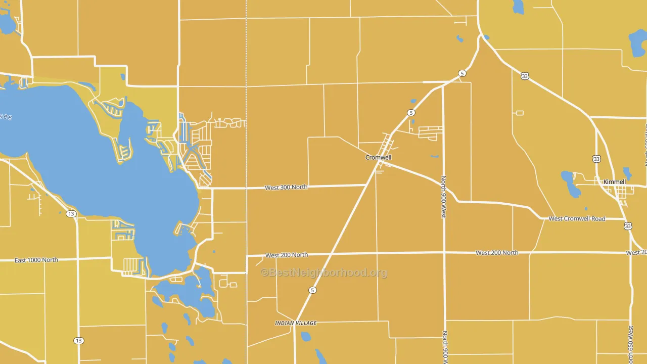 Map of the best neighborhoods in the Cromwell area, with better matches in green and worse matches in red