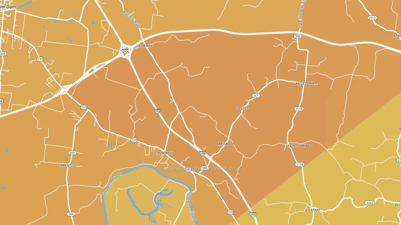 Map of the best neighborhoods in the Cromwell area, with better matches in green and worse matches in red