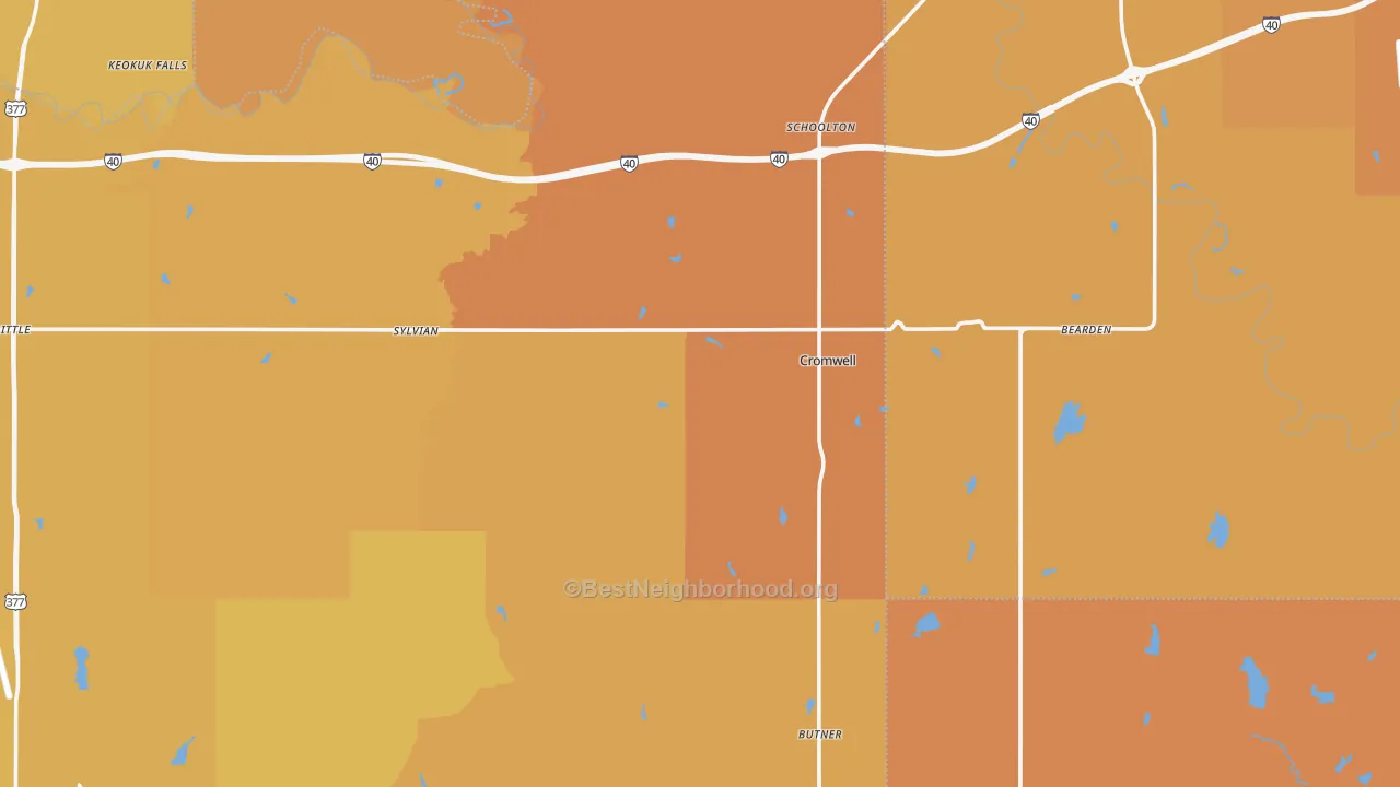 Map of the best neighborhoods in the Cromwell area, with better matches in green and worse matches in red