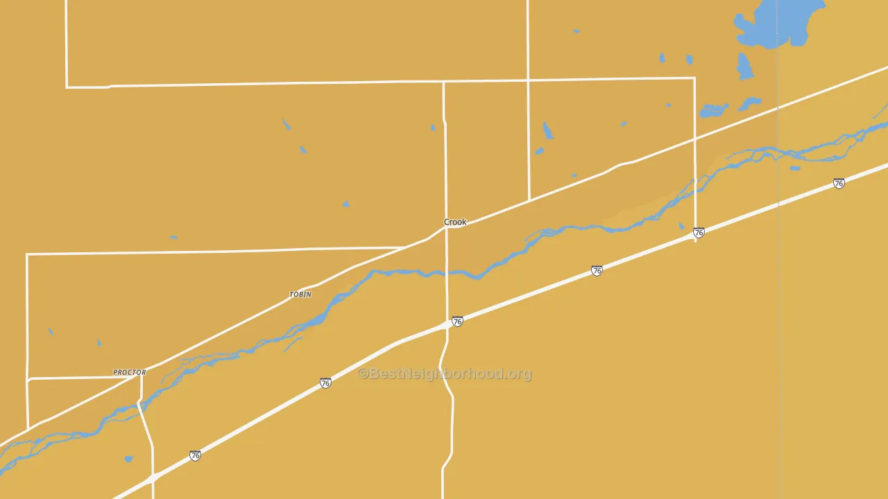 Map of the best neighborhoods in the Crook area, with better matches in green and worse matches in red