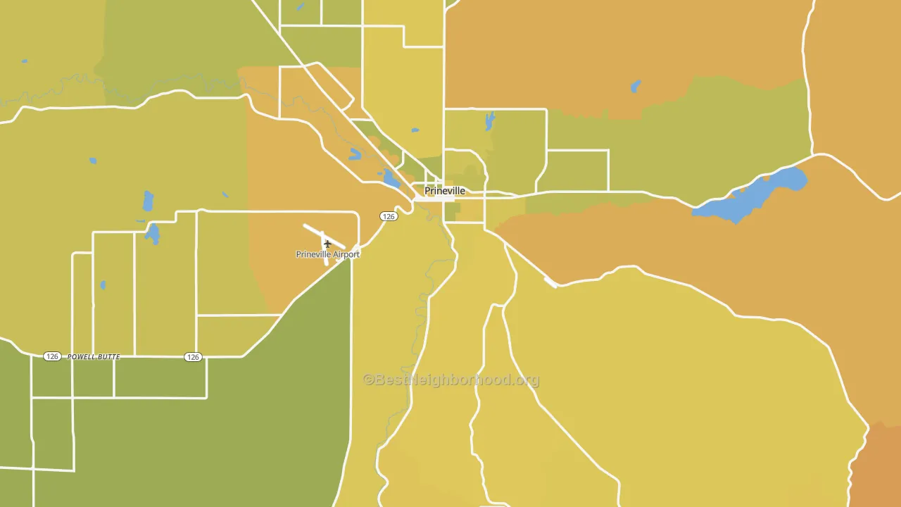 Map of the best neighborhoods in the Crook County area, with better matches in green and worse matches in red