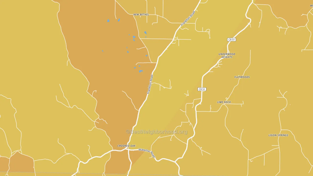 Map of the best neighborhoods in the Crooked Oak area, with better matches in green and worse matches in red