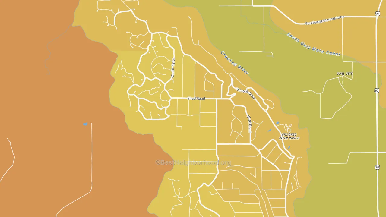 Map of the best neighborhoods in the Crooked River Ranch, Terrebonne area, with better matches in green and worse matches in red